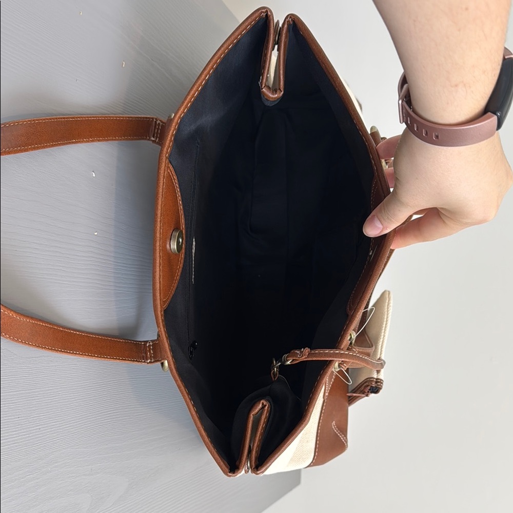 Coldwater Creek Cream and Brown Leather Trim Tote